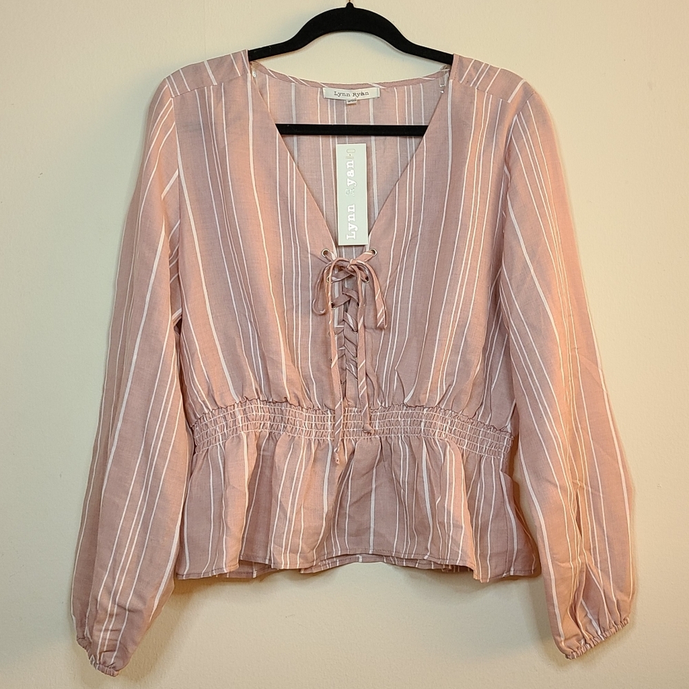 Lynn Ryan Long Sleeve Stripe Peplum Tie Front Top
